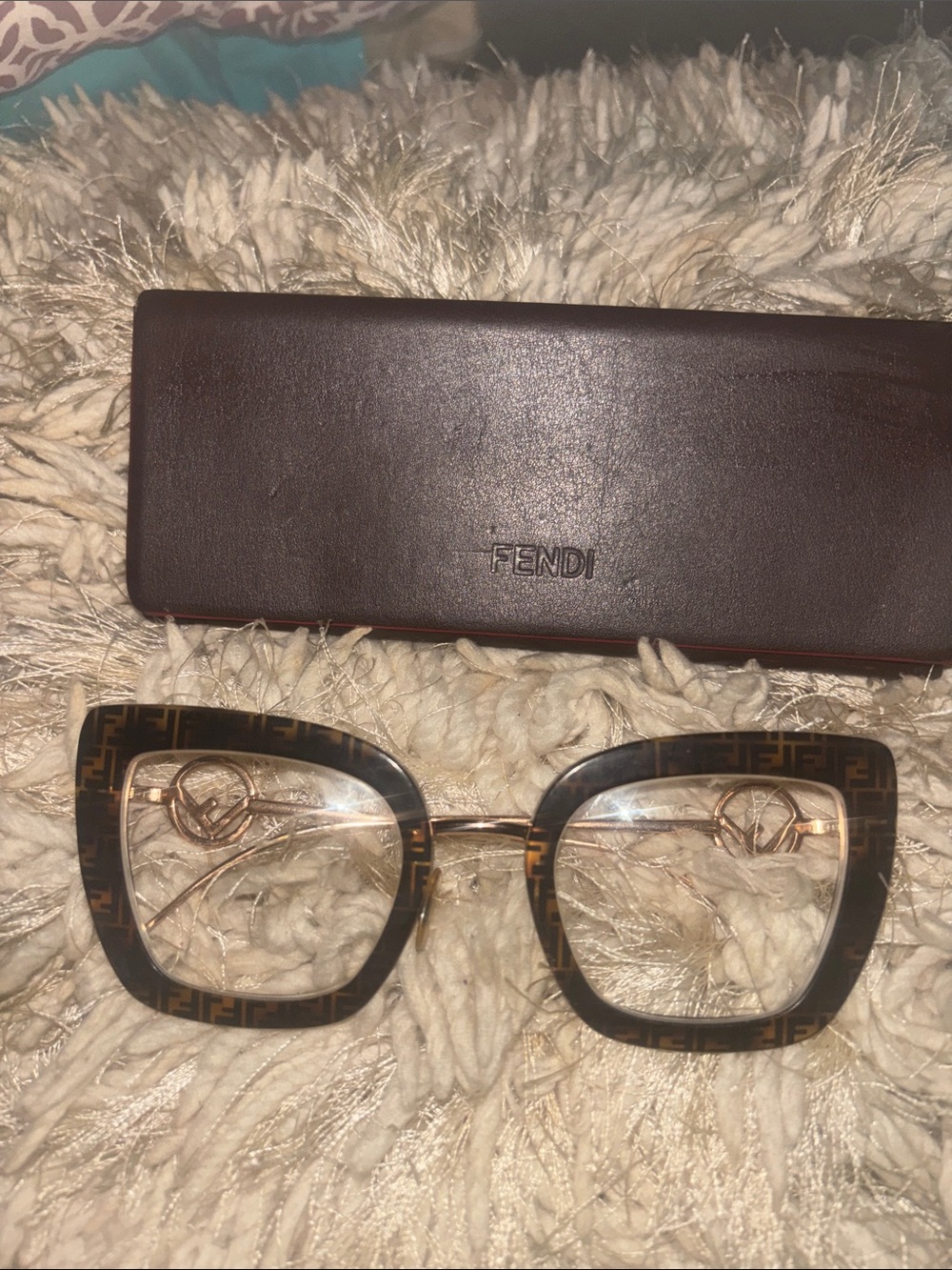 Fendi Brown Tortoiseshell Square FF-Logo Glasses with Gold Accents